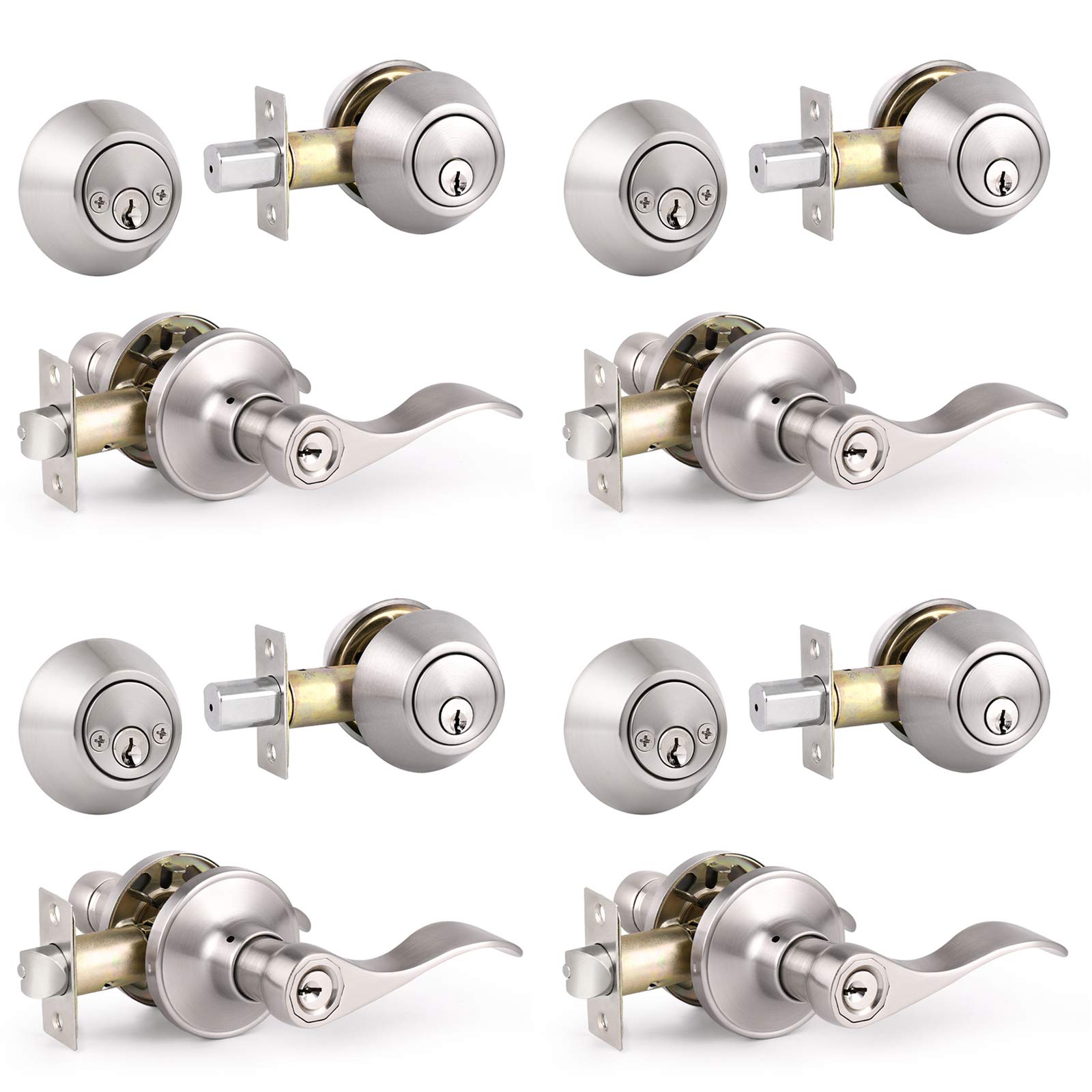 Knobonly 4 Pack Front Door Entry Lever Lockset and Double cylinder Deadbolt combination Set, Satin Nickel- All Keyed Alike(Same 
