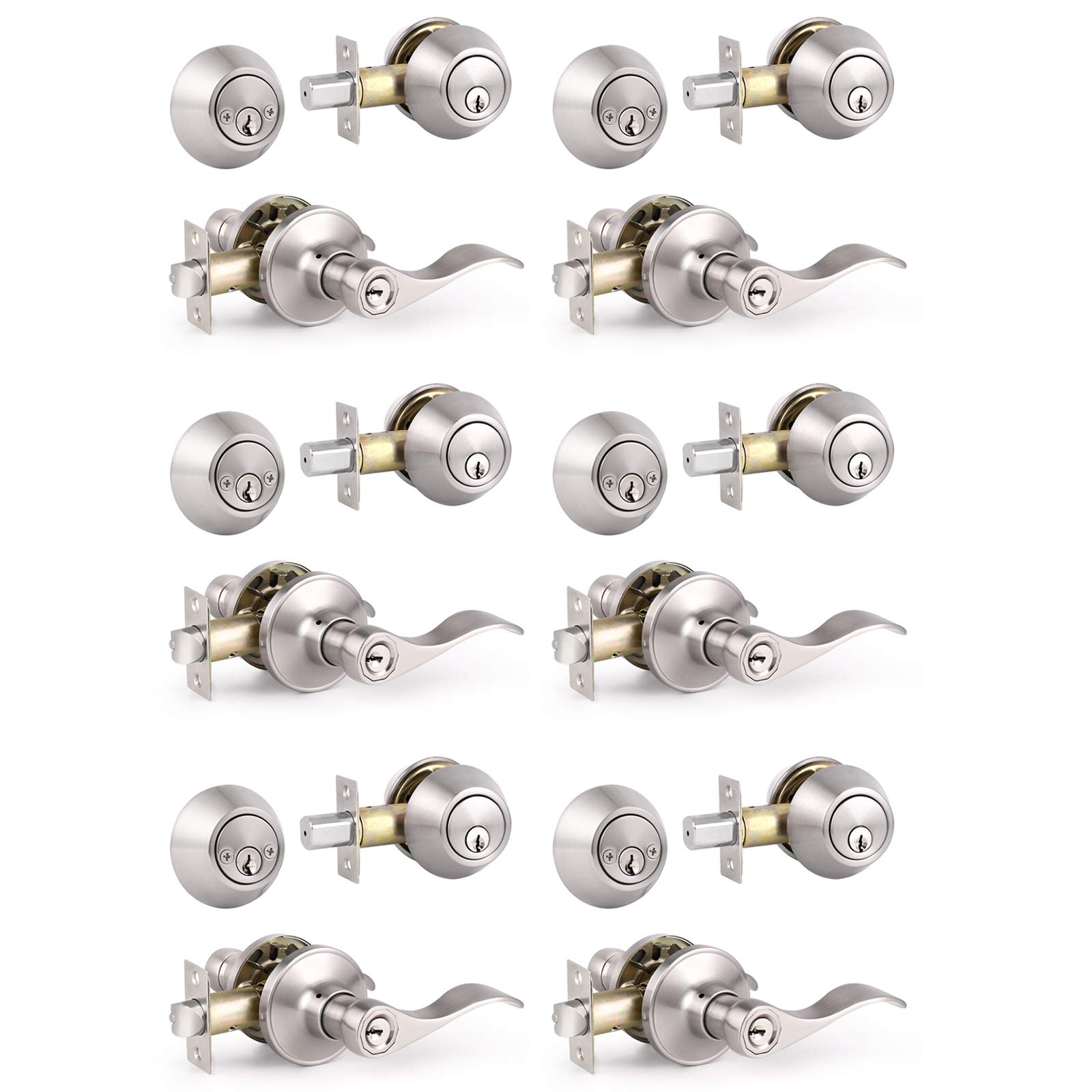 Knobonly 6 Pack Wave Style Entry Door Levers with Double cylinder Deadbolt, All Keyed Alike Satin Nickel Handlesets, Wave Style 