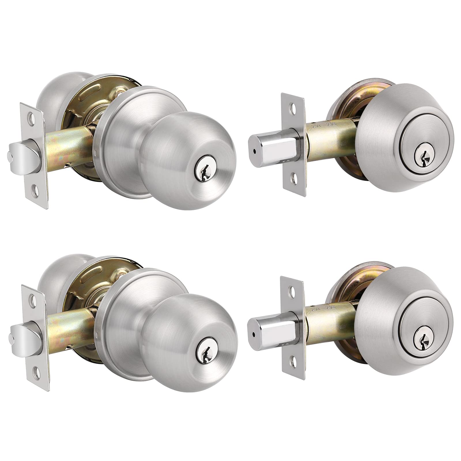 Knobonly 2 Sets Entry Knob and Double cylinder Deadbolt, Keyed Alike combo Pack combination, Locked Inside or Outside with Keys,