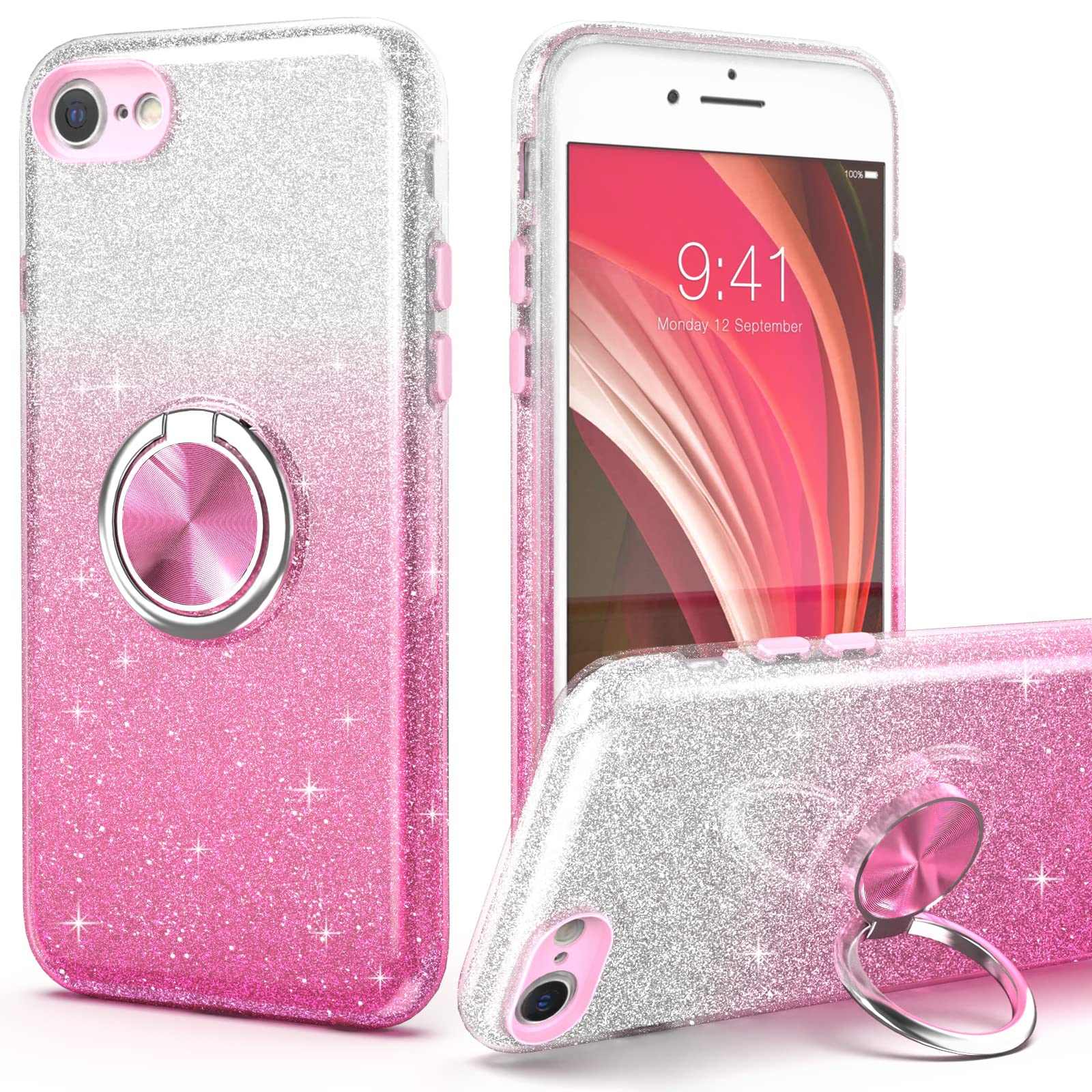 PeeTep iPhone SE 2020 case,iPhone SE 3 case glitter for girls,iPhone 8 case,iPhone 7 case,Slim Sparkly case with 360ARing Holder
