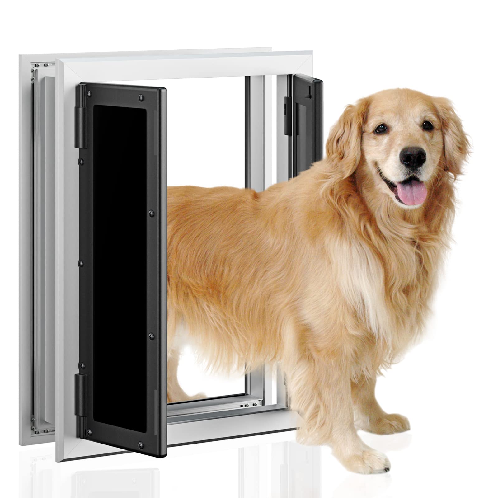 Petouch Premium Large Dog Door, PETOUcH Aluminum Pet Door with Double Panels, Doggie Door with Automatic closing Magnetic Flaps, Slide-i