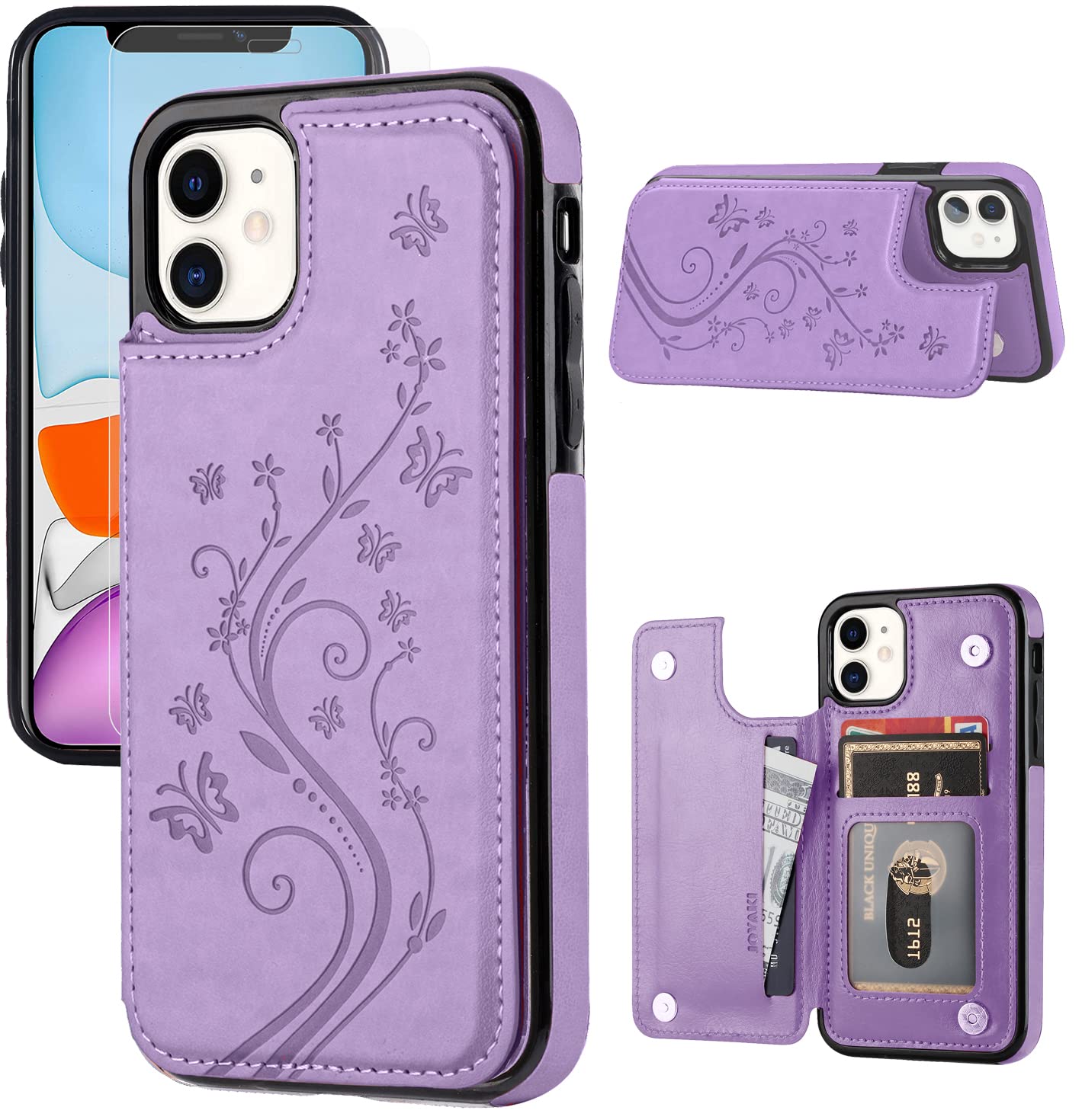 JOYAKI iPhone 11 Wallet case with card Holder,Embossed Butterfly Premium PU Leather Kickstand card case with a Free Screan Prote