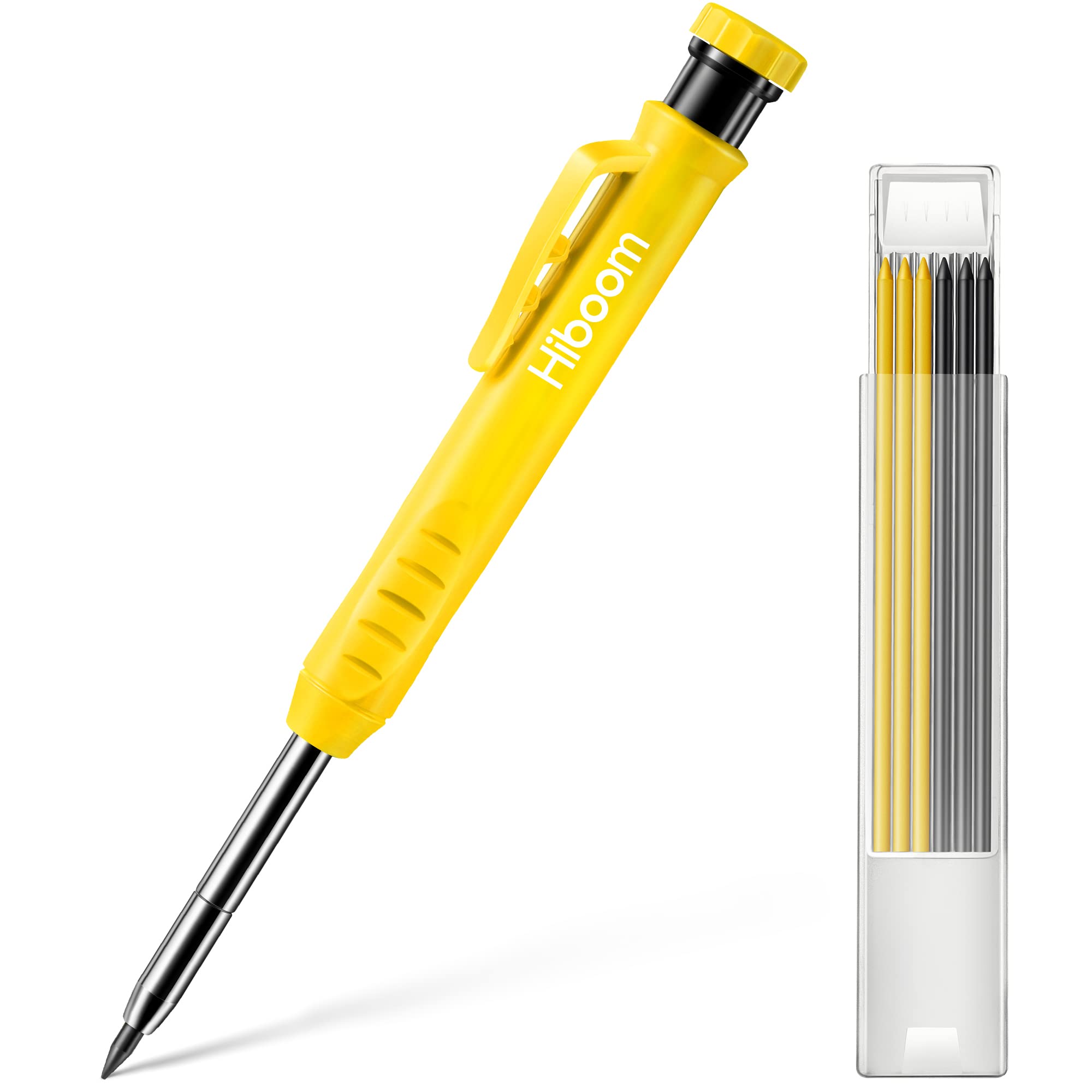 HIBOOM Solid carpenter Pencil Set for construction with 7 Refills Built-in Sharpener, Long Nosed Deep Hole Mechanical Pencil Marker for