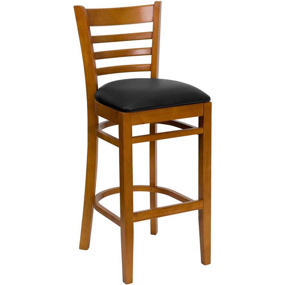 Flash Furniture HERCULES Series Ladder Back Cherry Wood Restaurant Barstool - Black Vinyl Seat