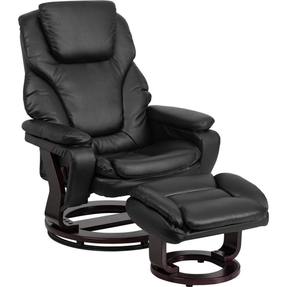 Flash Furniture Contemporary Multi-Position Recliner and Ottoman with Swivel Mahogany Wood Base in Black LeatherSoft