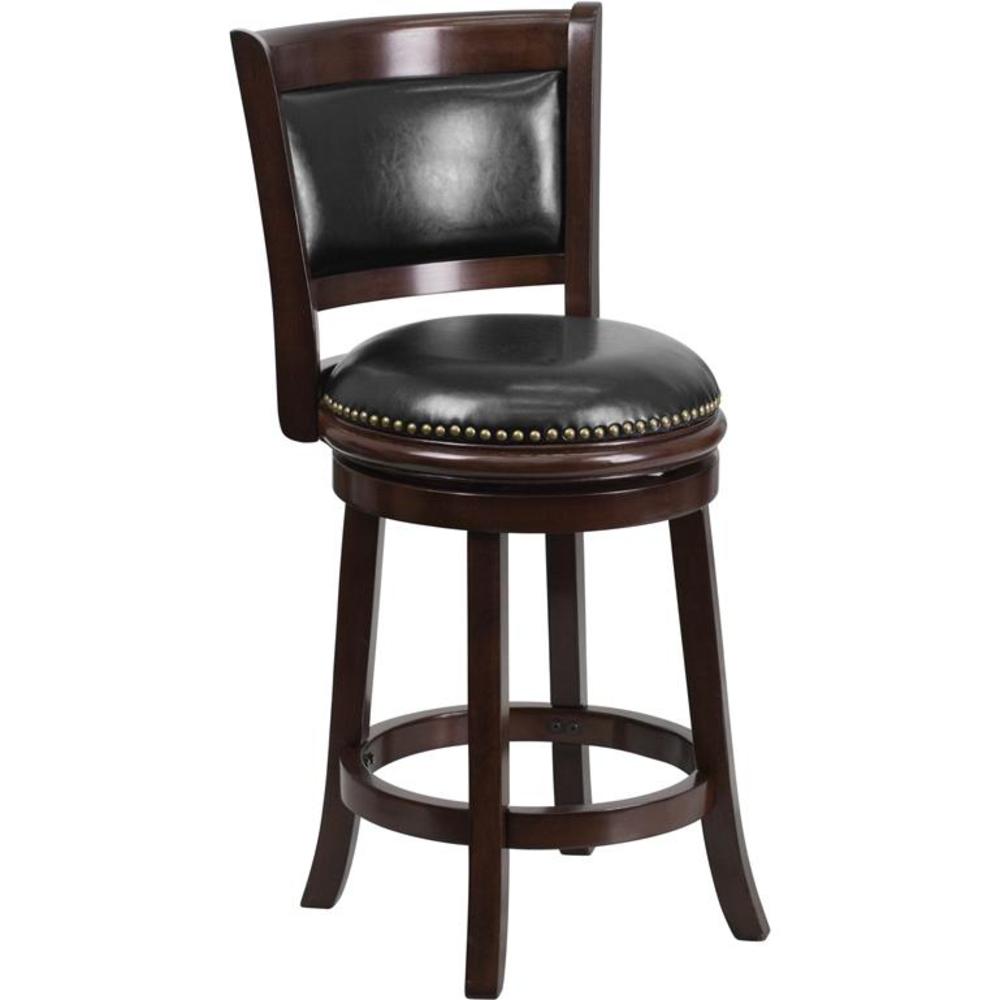 Flash Furniture 24'' High Cappuccino Wood Counter Height Stool with Panel Back and Black LeatherSoft Swivel Seat