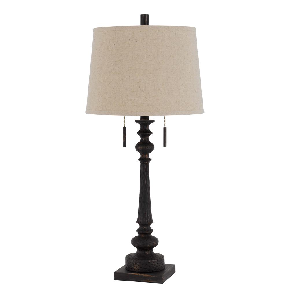 Cal Lighting 60W x 2 Torrington resin table lamp with pull chain switch and hardback linen shade