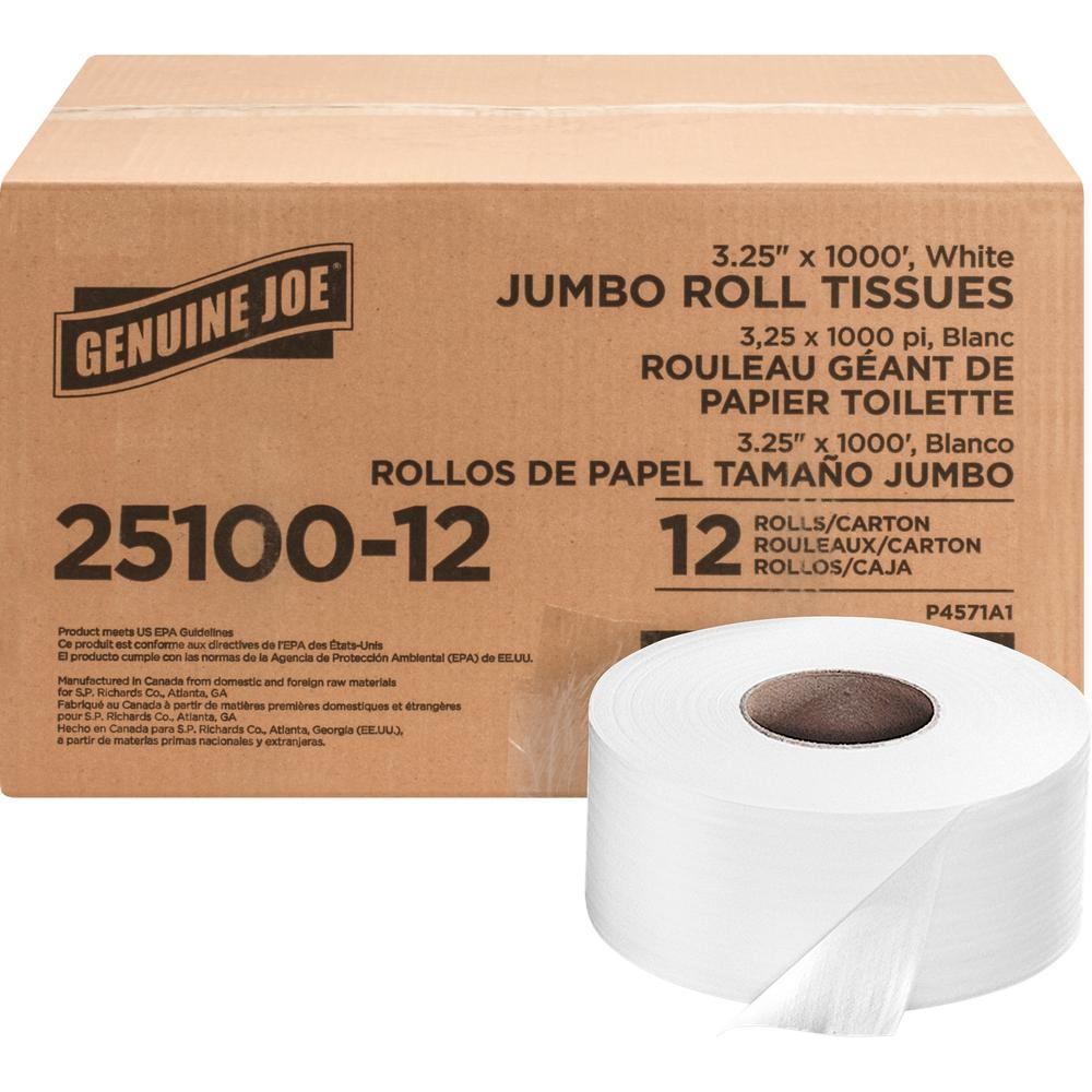 Genuine Joe Jumbo Roll Bath Tissues - 2 Ply - 3.25" x 1000 ft - 9" Roll Diameter - White - Nonperforated, Unscented - 12 / Carto