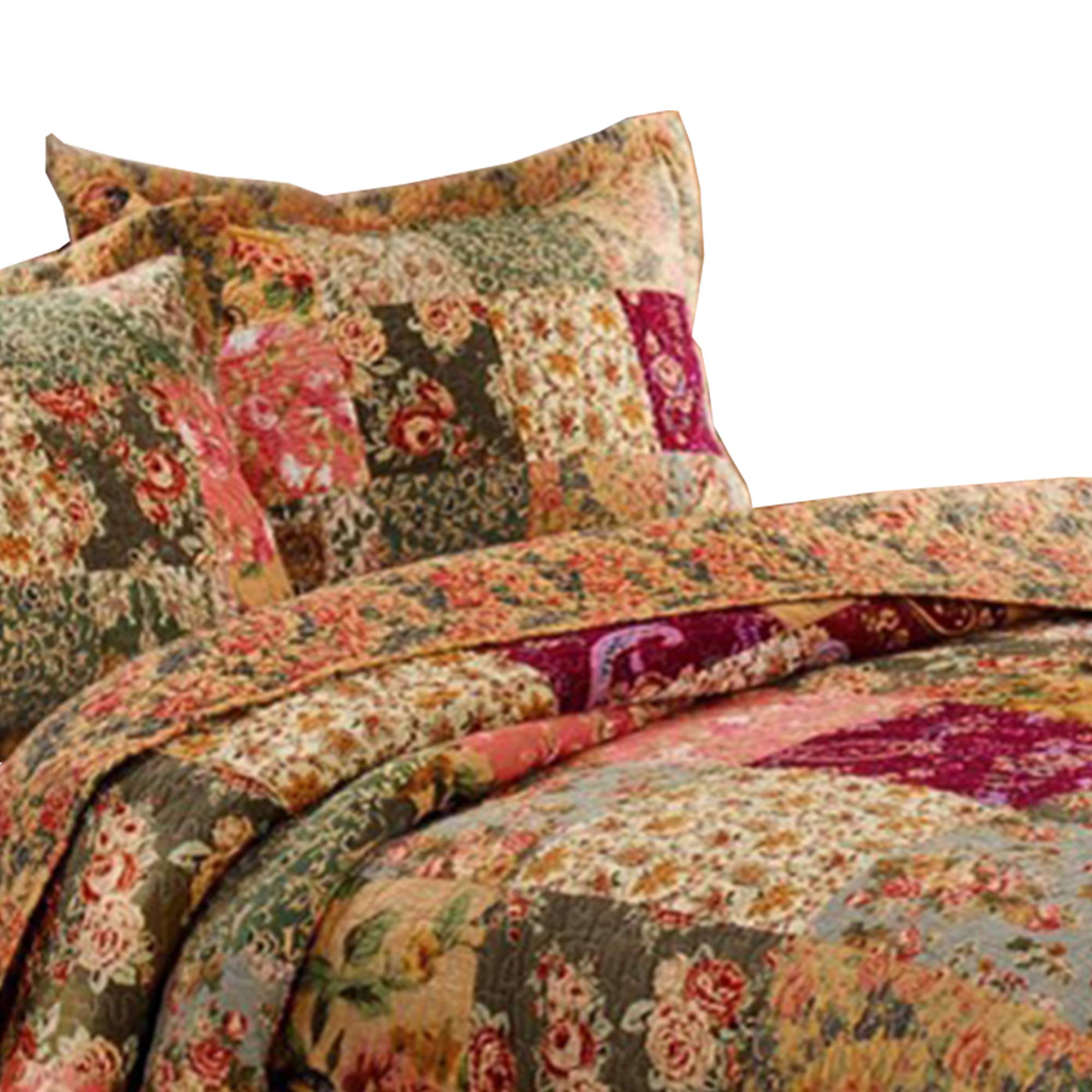 Benjara Kamet 3 Piece Fabric Queen Size Bedspread Set with Floral Prints, Multicolor
