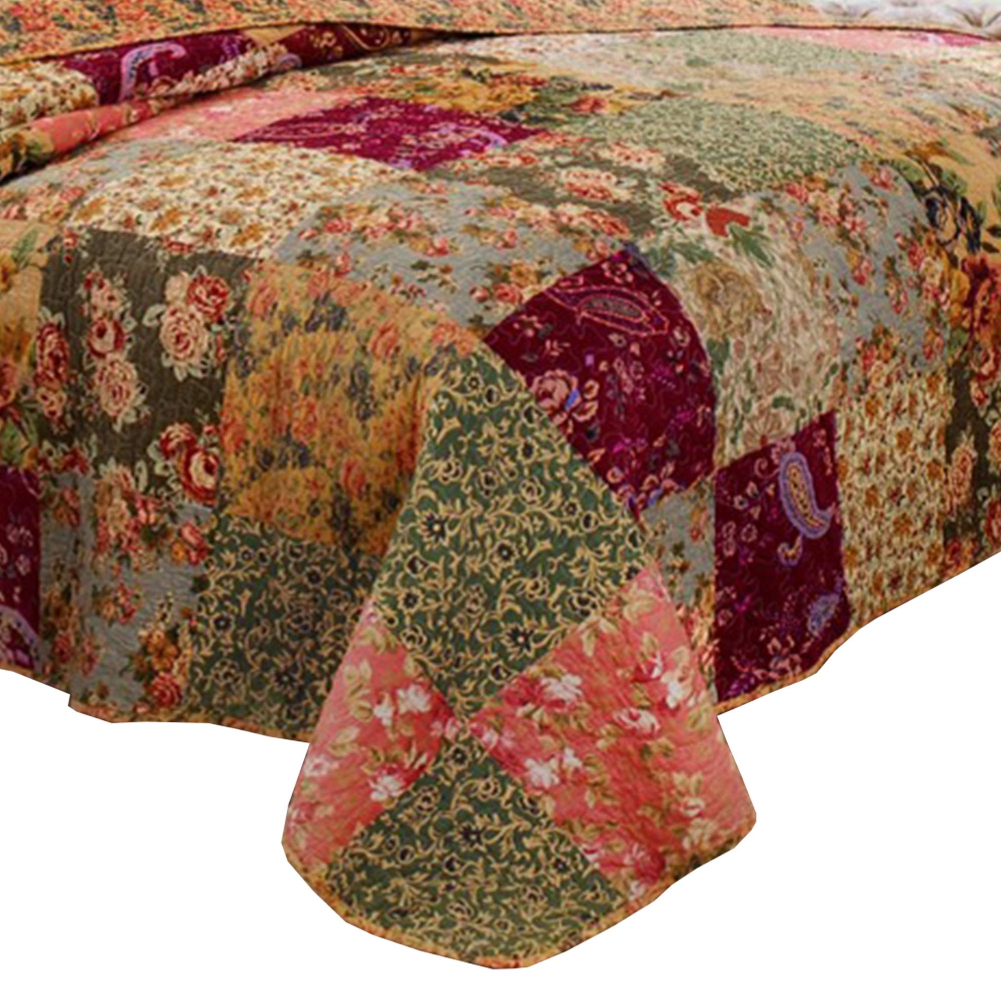 Benjara Kamet 3 Piece Fabric Queen Size Bedspread Set with Floral Prints, Multicolor