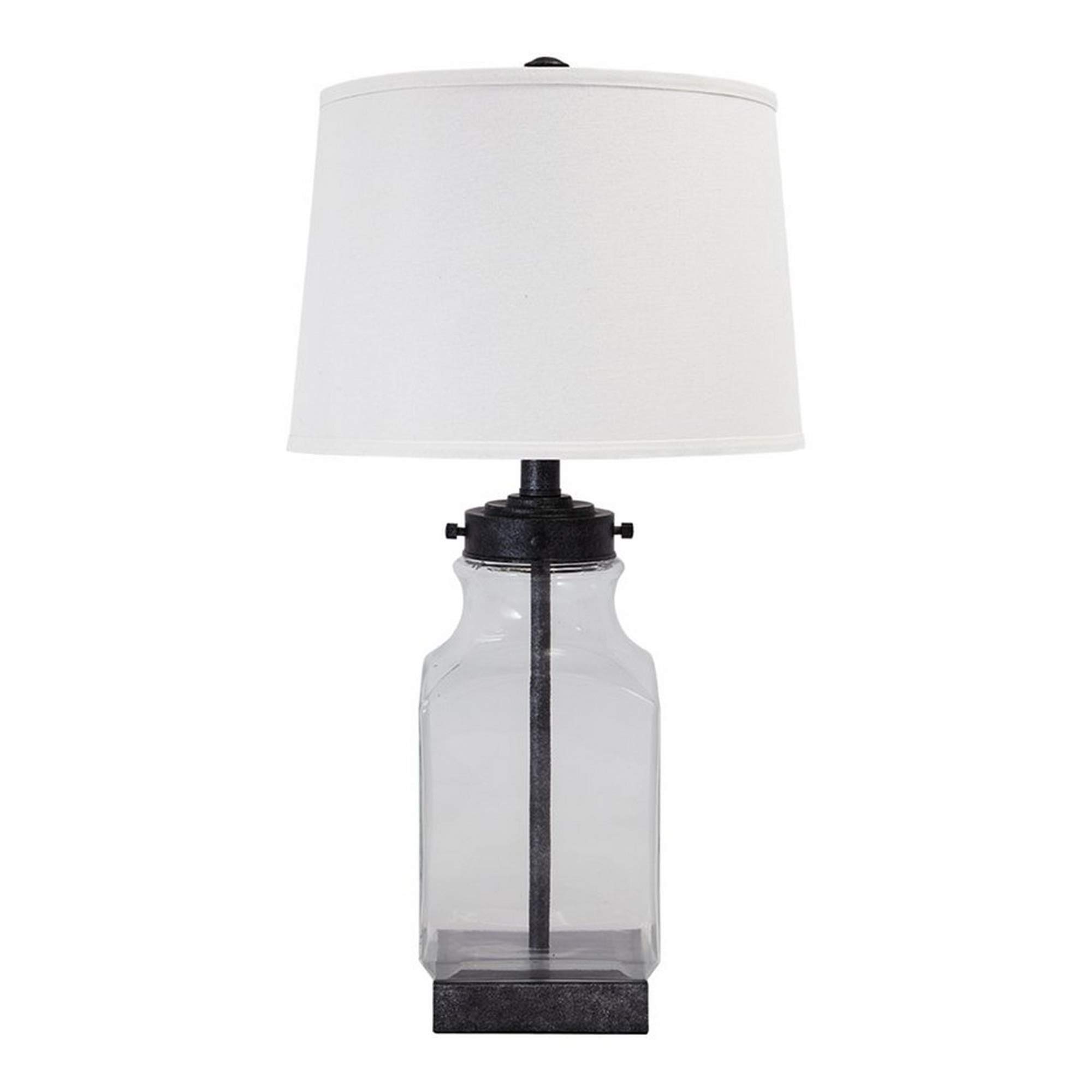 Benjara Smoky Glass Frame Table Lamp with Fabric Shade, Gray and Clear