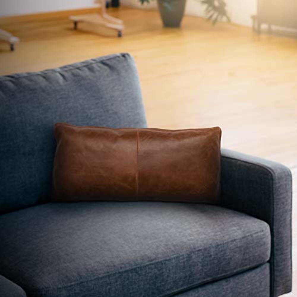 Benjara Leatherette Throw Pillow with Stitched Details and Flanged Edges, Brown
