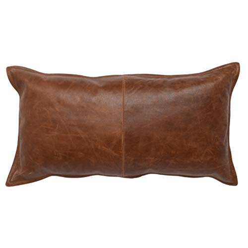 Benjara Leatherette Throw Pillow with Stitched Details and Flanged Edges, Brown