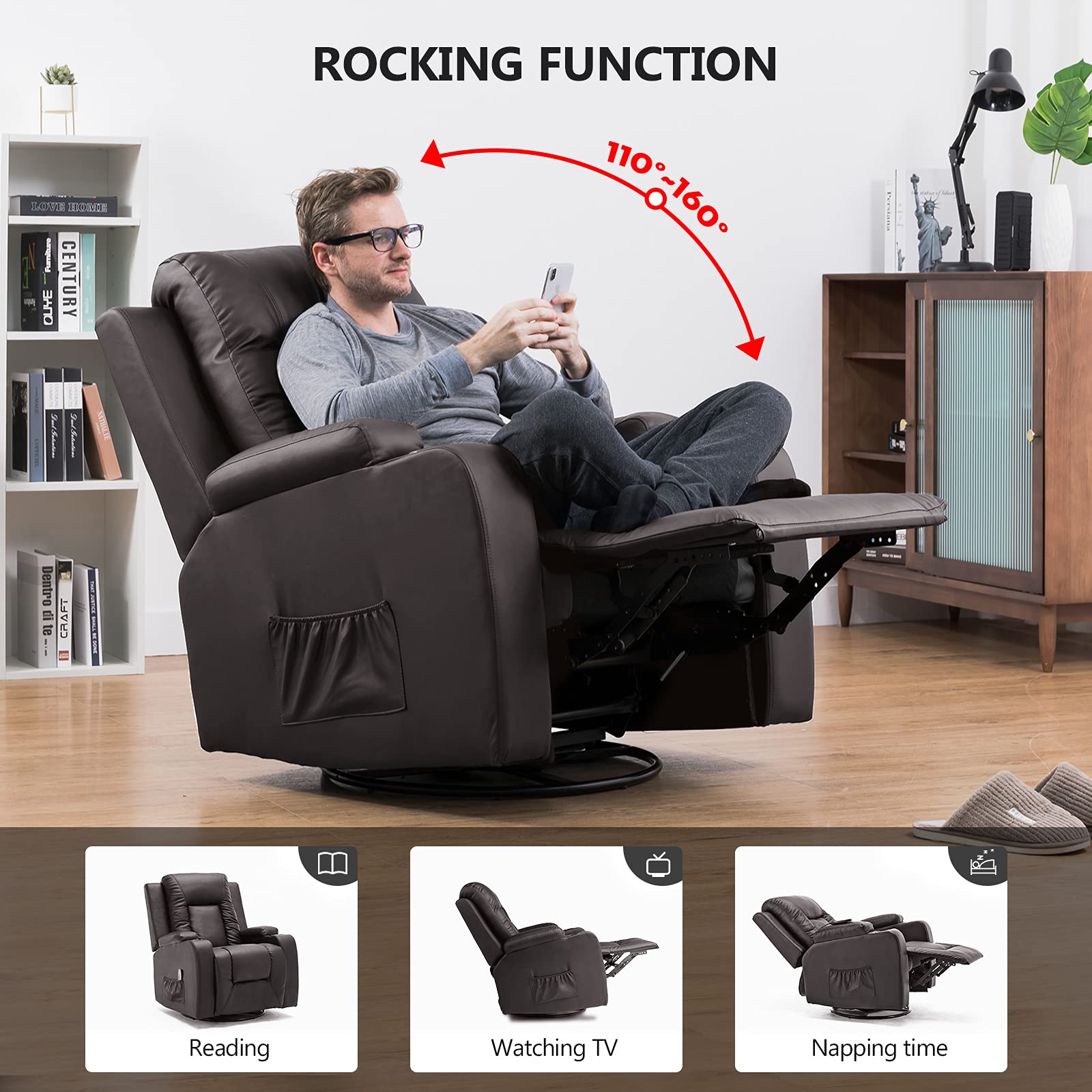 Sweetcrispy Massage Recliner Chair - Adjustable Home Theater Seat With Lumbar Support, 90-160 Degree Recline, Light Grey Fabric