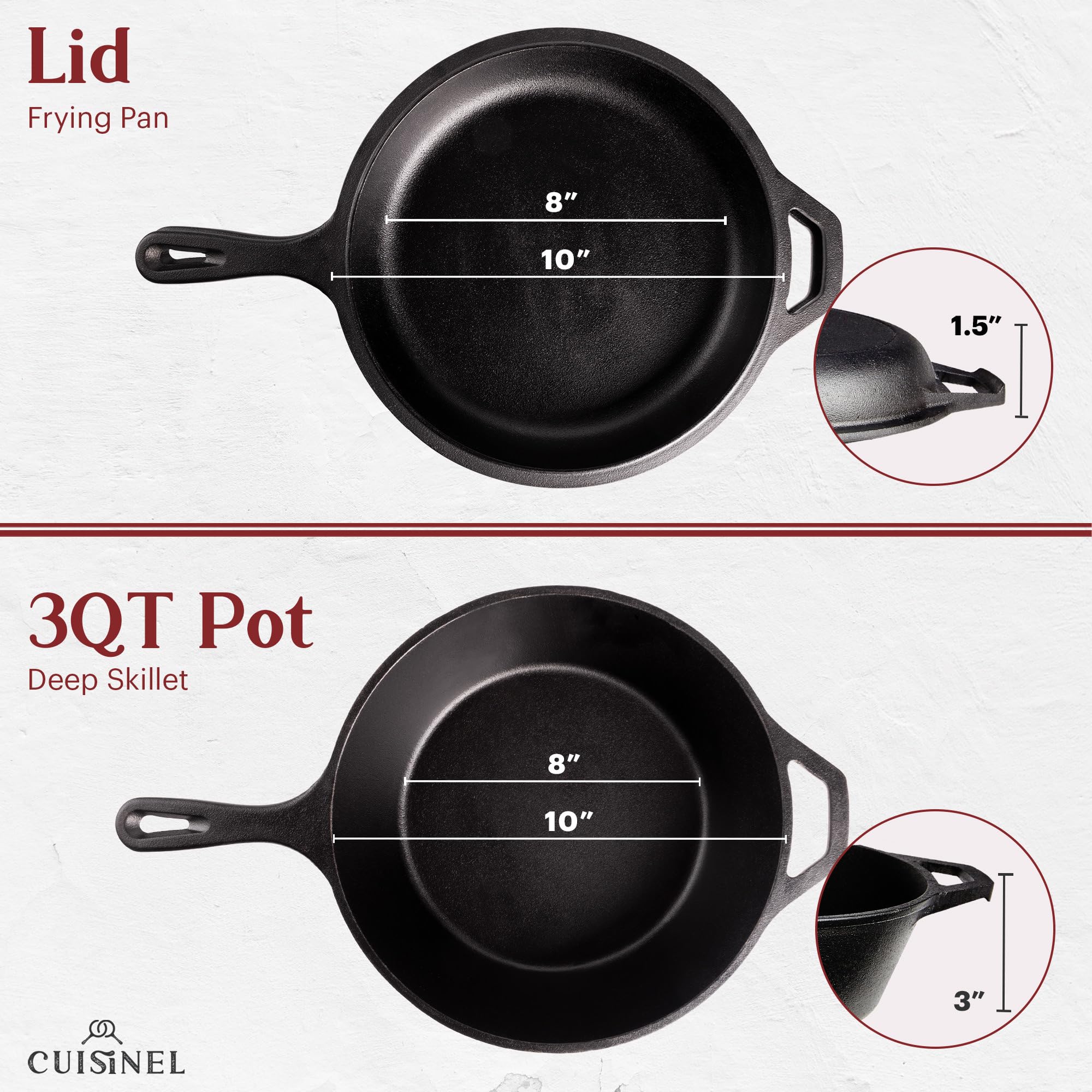 Cuisinel Cast Iron Skillet + Lid - 2-In-1 Multi Cooker - Deep Pot + Frying Pan - 3-Qt Dutch Oven - Pre-Seasoned Oven Safe Cookwa