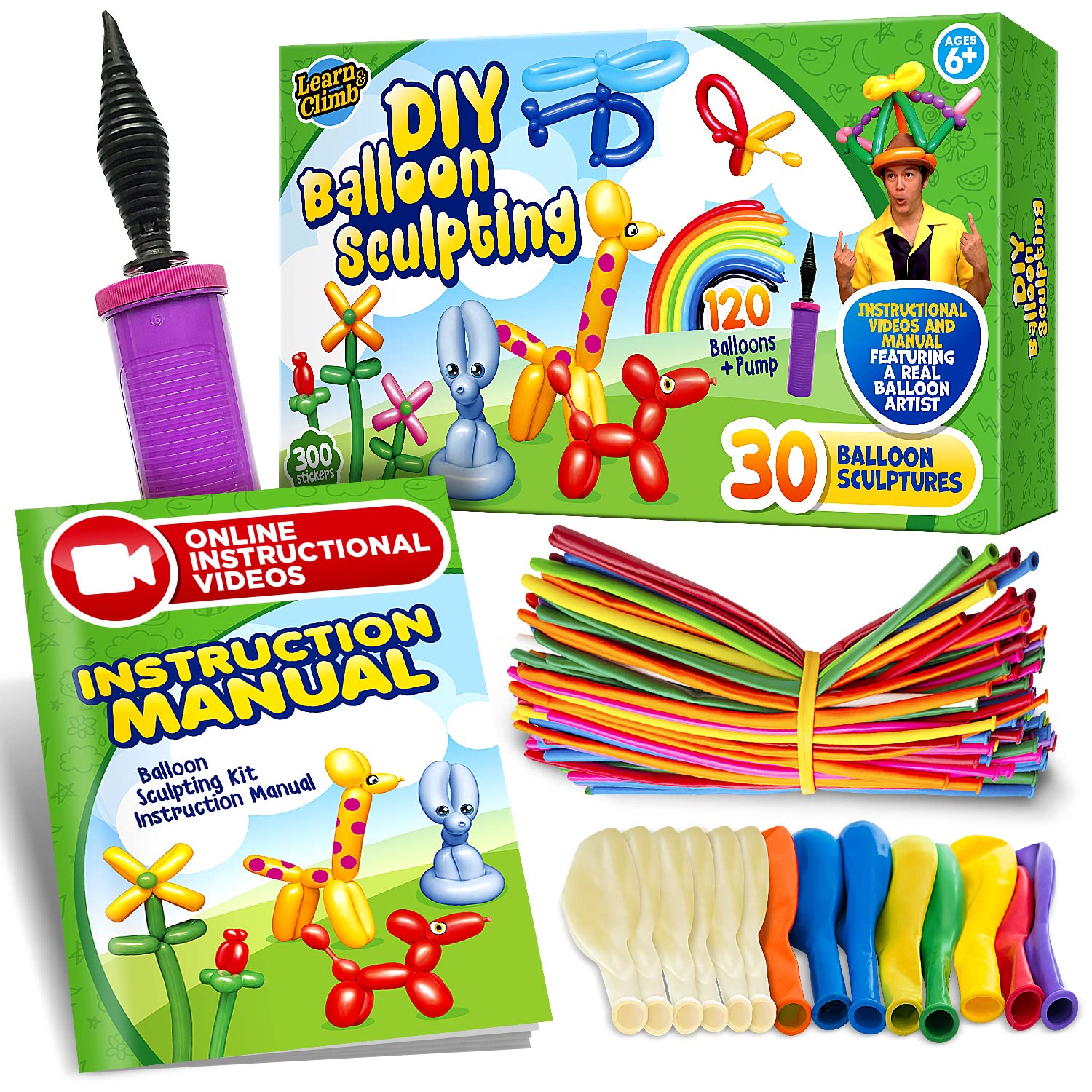 Learn & Climb DIY Balloon Animal Kit for beginners. Twisting & Modeling balloon Kit 30 + Sculptures,100 Balloons for balloon animals, Pump and