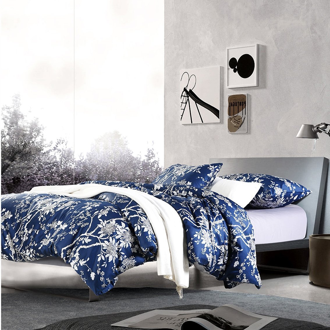 Eikei Eastern Floral Chinoiserie Blossom Print Duvet Quilt Cover Navy Blue Tan White Asian Style Botanical Tree Branches Ornamental Dr