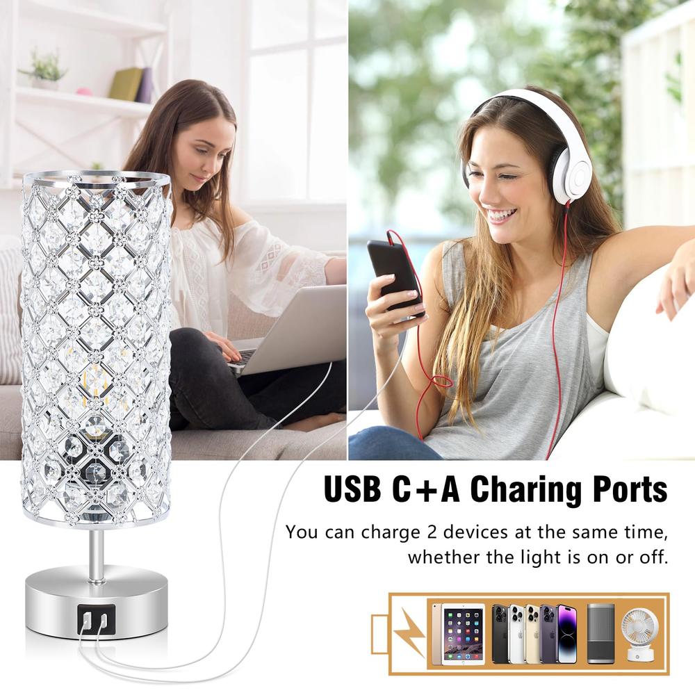 Ganiude Touch Control Crystal Table Lamps Set of 2, Nightstand Sliver Lamps with USB C+A Charging Ports, Modern Dimmable Desk La