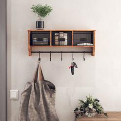 HBCY Creations Wall Mounted Shelf with Coat Hooks and Baskets, Solid Wood Entryway Organizer Wall Shelf with Hooks - Hang Coats,