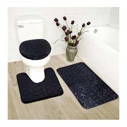 Luxury Home Collection 3 Piece Stone Embossed Solid Color Memory Foam Soft Bathroom Rug Set Non-Slip with Rubber Backing (Black)