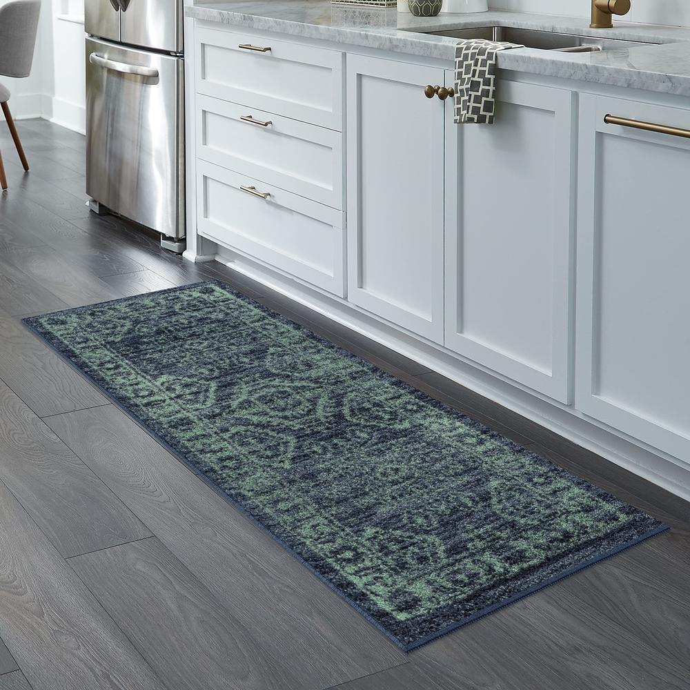 Maples Rugs Georgina Traditional Runner Rug Non Slip Washable Hallway Entry Carpet [Made in USA], 2' x 6', Navy Blue/Green