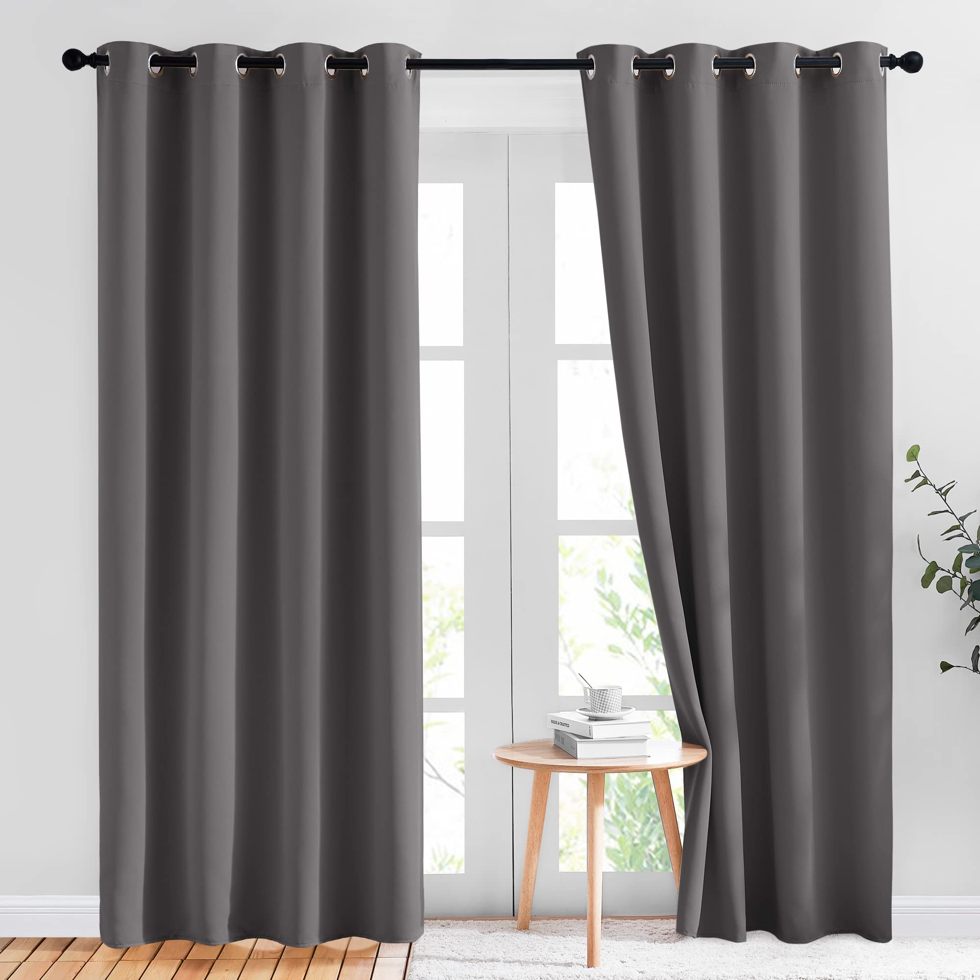 NICETOWN Gray Blackout Curtains for Bedroom 84 inches Long - Thermal Curtains & Drapes Grommet Noise Reducing Room Darkening Sol