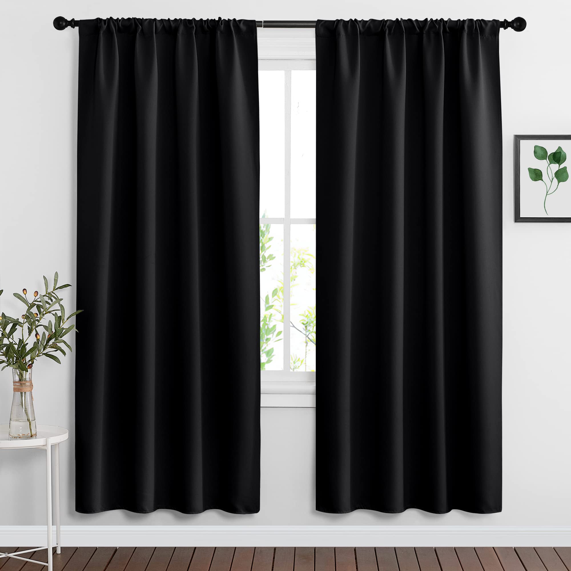 RYB HOME Bedroom Window Treatments Blackout Curtains (42 Wide x 72 Long, Black, 2 Pieces) Blackout Rod Pockets Drapes Panels Win