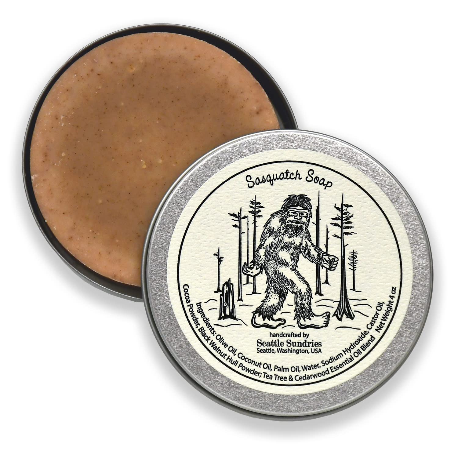 Seattle Sundries | Sasquatch Soap Bar Natural Skin Care, 1 (4oz) Handmade Soap Bar in a Recyclable Travel Tin, Woodsy Scent - Ca