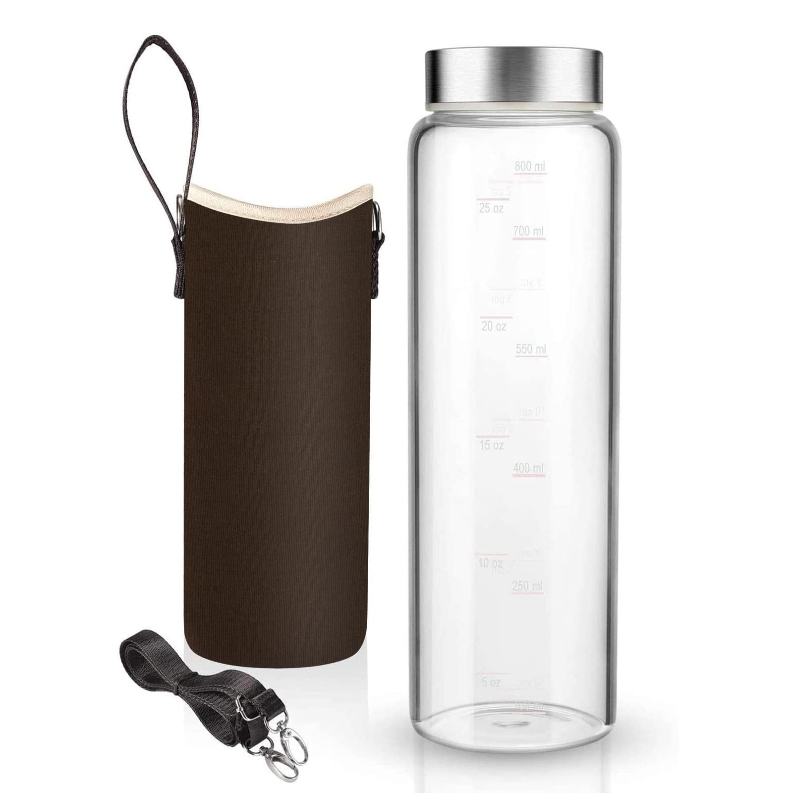Sursip 32 oz Glass Water Bottle - Nylon Bottle Protection Sleeves, Stainless steel Lid, And 1L Time Marked Measurements, Reusabl