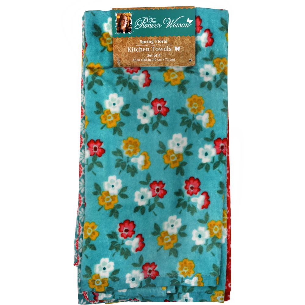 The Pioneer Woman Spring Floral Kitchen Towel Set, 4pk, Print,Red, Teal, Yellow, White, Blue, Green