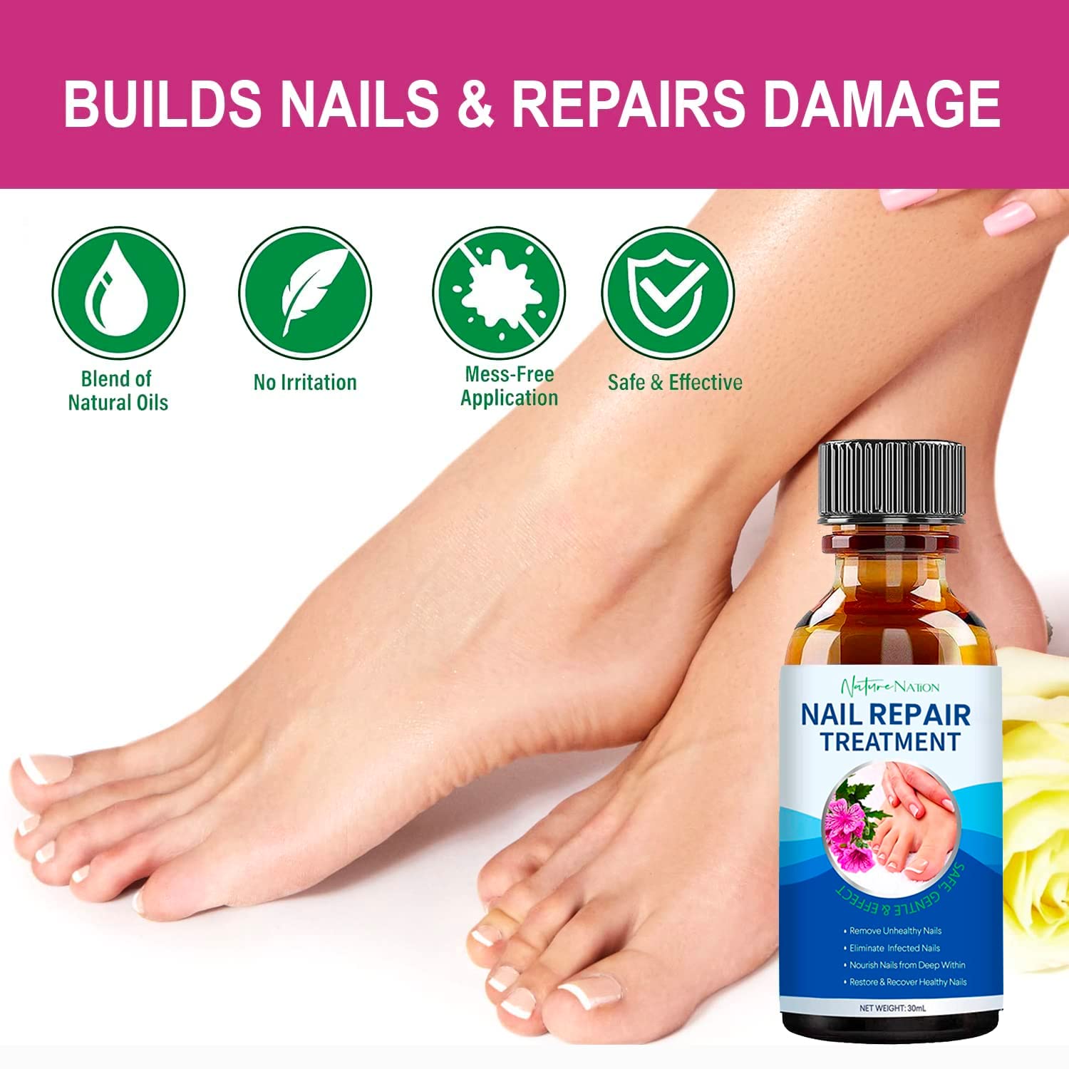 Nature Nation Toenail Fungus Treatment - Extra Strength for Nail & Fingernails Repair Solution - Discolored and Damaged Nails Renew Cracked To
