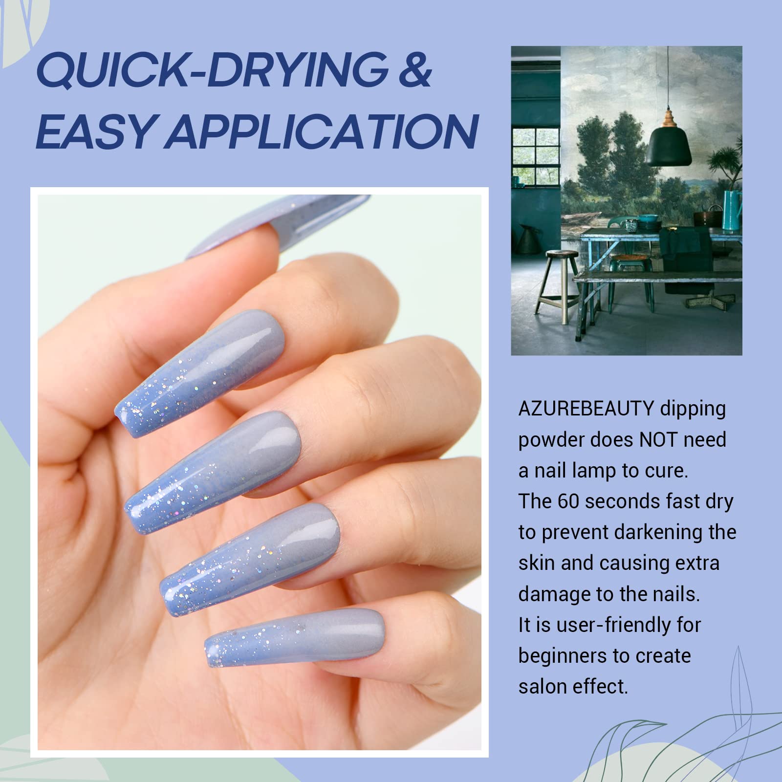 AZUREBEAUTY Dip Powder Nail Set Blue Sage Green Grey Shades, All Seasons 6 Colors Dipping Powder Starter Kit French Nail Art Man