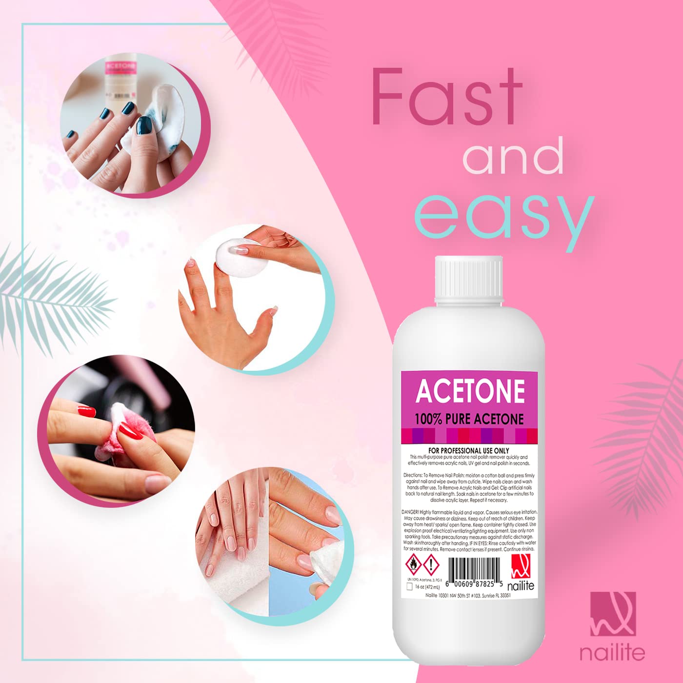 Nailite Nail Polish Remover - 100% Pure Acetone, Quick Professional Ultra-Powerful Remover, for Natural, Gel, Acrylic, Shellac N