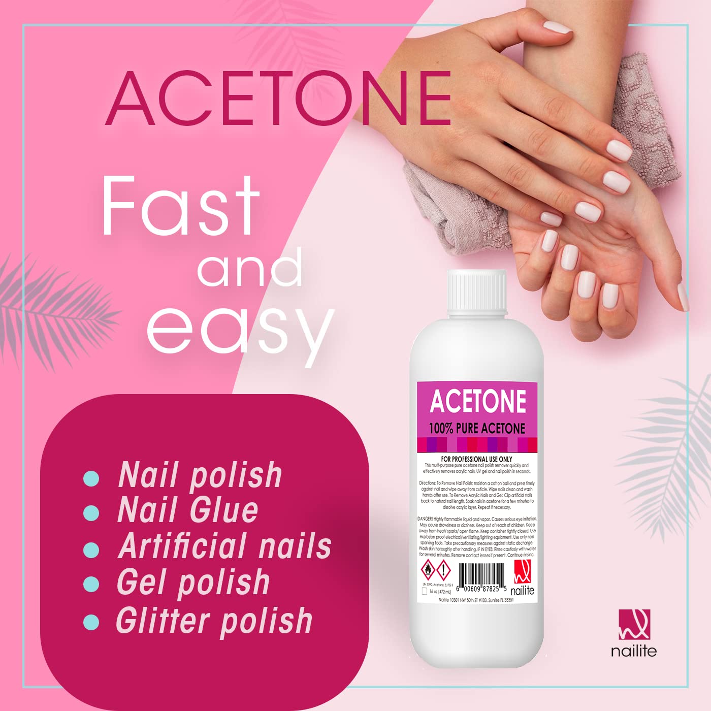 Nailite Nail Polish Remover - 100% Pure Acetone, Quick Professional Ultra-Powerful Remover, for Natural, Gel, Acrylic, Shellac N
