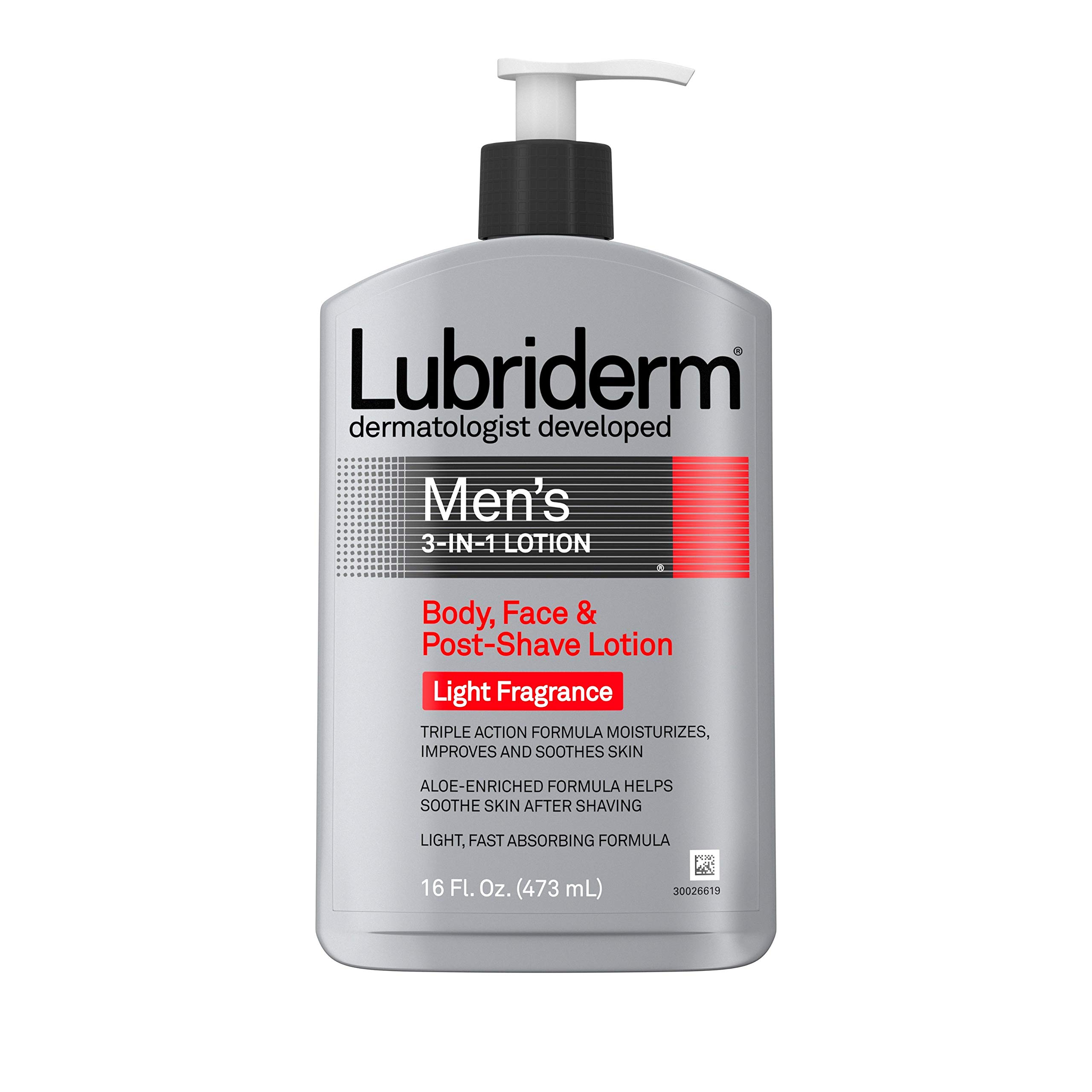 Lubriderm Men's 3-In-1 Lotion Enriched with Aloe for Body and Face, Non-Greasy Soothing Post Shave Moisturizer with Light Fragra