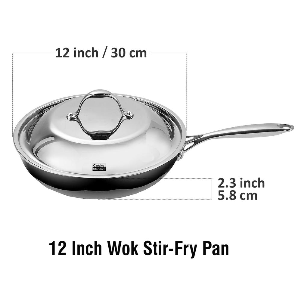 cooks Standard Stainless Steel Frying Pan 12 Inch, Multi-Ply Full clad Wok Stir-Fry cooking Pans with Dome Lid, Stay-cool Handle
