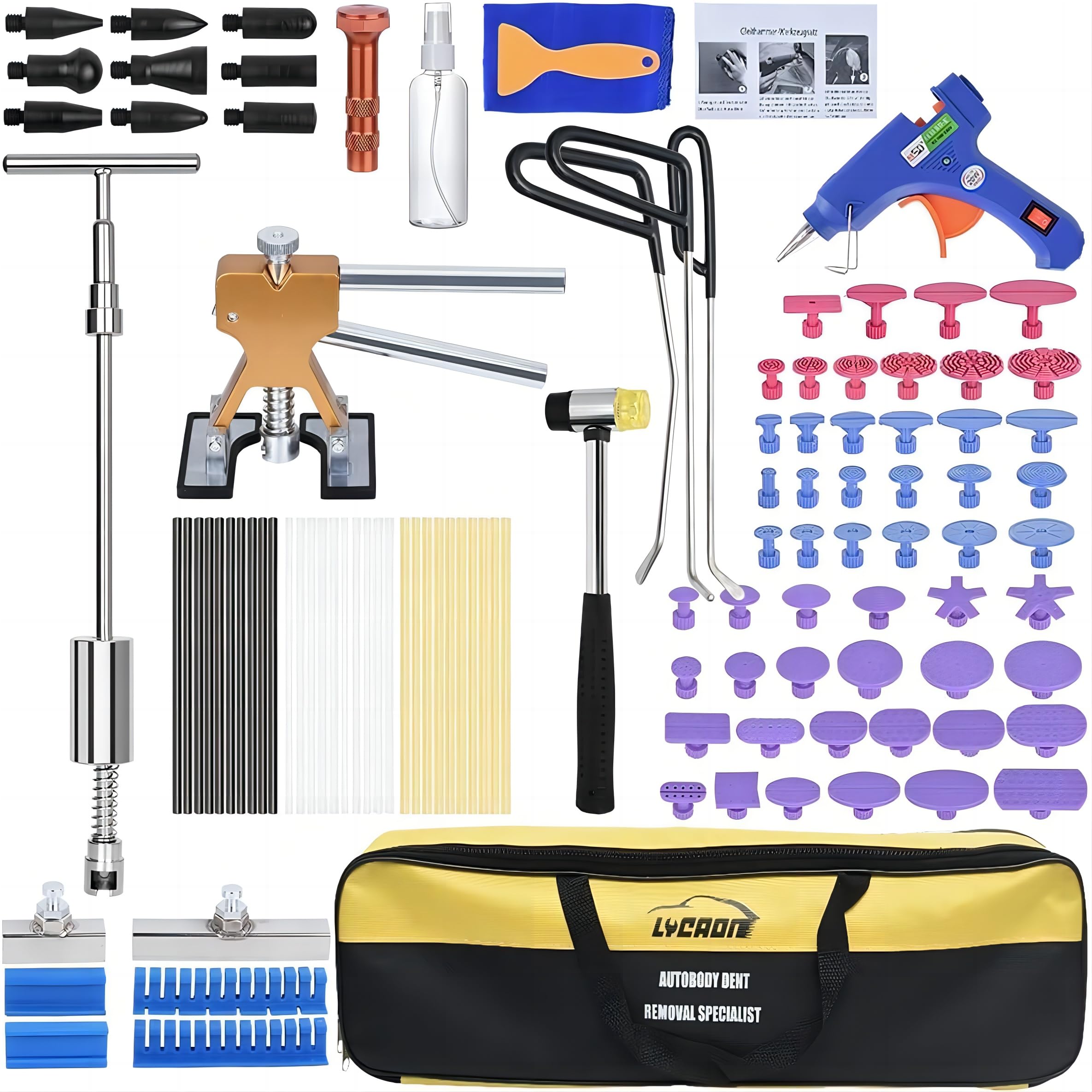 lycaon Dent Remover Repair Puller Tool Kit, Slide Hammer T Bar Dent Puller, golden Lifter, Bridge Puller & glue gun for Automobile Body