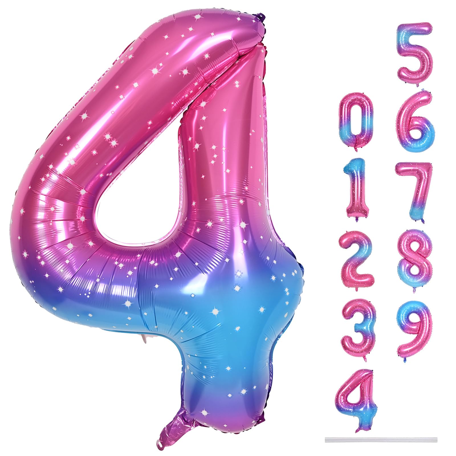 Lingqiang gradient Rainbow 4 Balloons, 40 Inch Large Blue Pink Purple Foil Number Balloons Set 0-9, Self Inflating Starry Digital 4 Helium