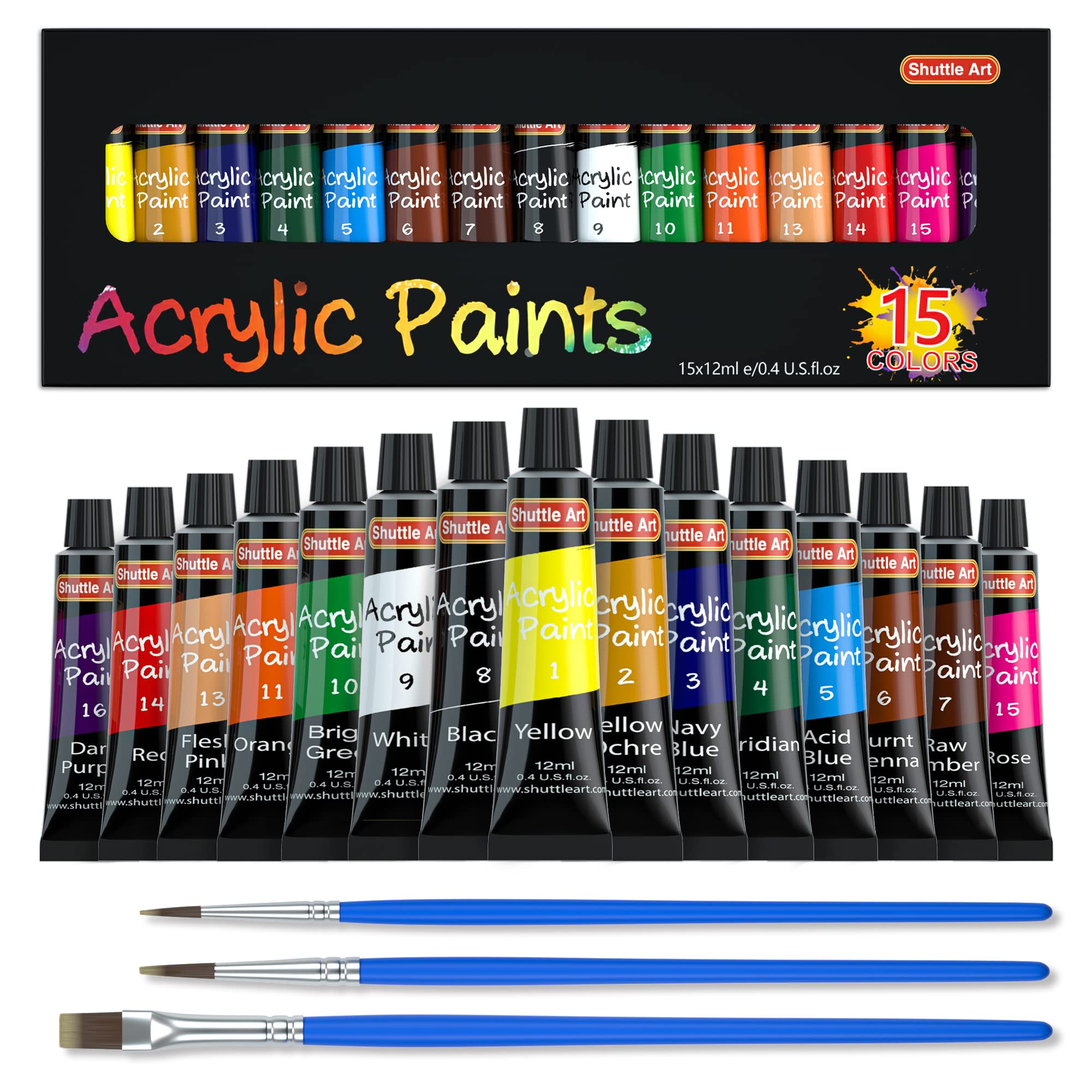 Shuttle Art Acrylic Paint Set, 15 x 12ml Tubes Artist Quality Non Toxic Rich Pigments colors Perfect for Kids Adults Beginners A
