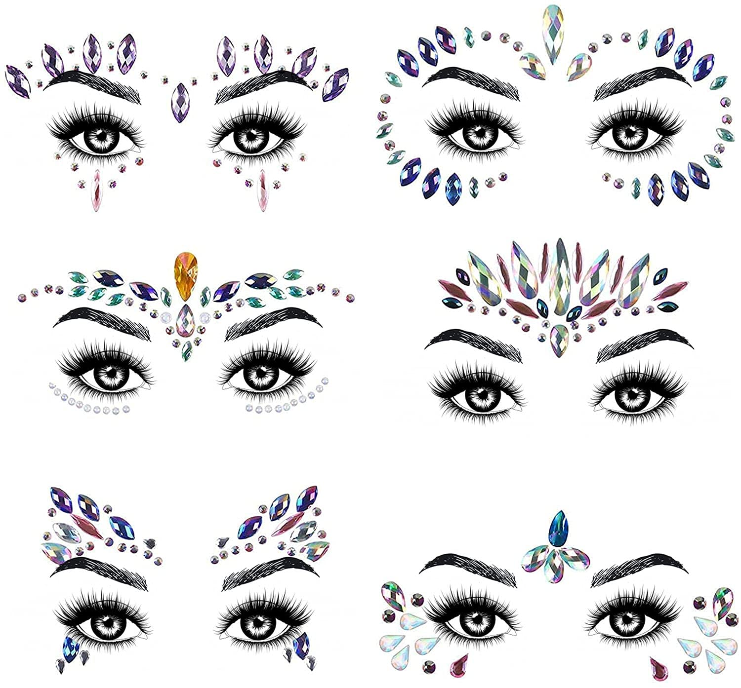 URAQT Face gems glitter, 6 Pcs Face glitter Festival Face Stickers Set,  crystals Stick on gems for Eyes Body, Self-adhesive Rhin