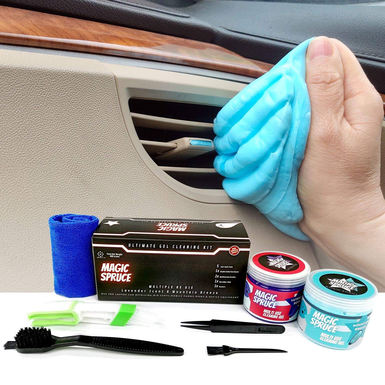 ToysButty car cleaning gel Kit Supplies for car Interior Detailing, 2 Pots  car Slime cleaner, 4 Anti-Static Detailing Brushes, V