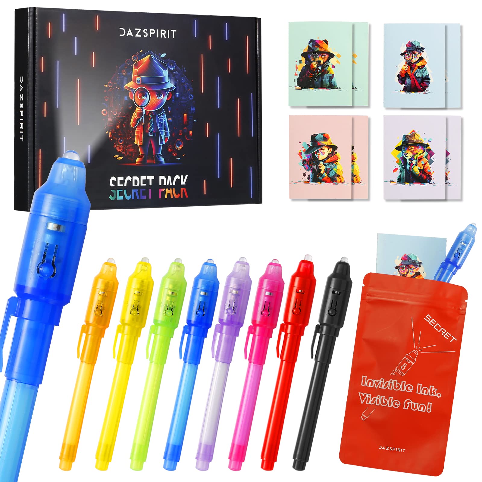 DazSpirit 8Pcs Invisible Ink Pen Set with UV Light, Mini Notepads & gift Bags, Magic Pen Disappearing Ink, Spy Pens for Kids, Fu
