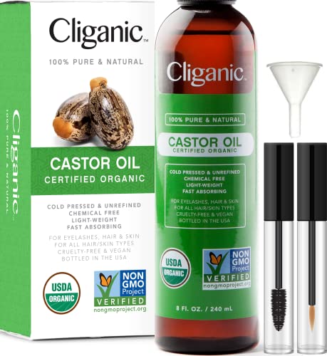 cliganic USDA Organic castor Oil, 100% Pure (8oz with Eyelash Kit) - For Eyelashes, Eyebrows, Hair & Skin  Natural cold Pressed