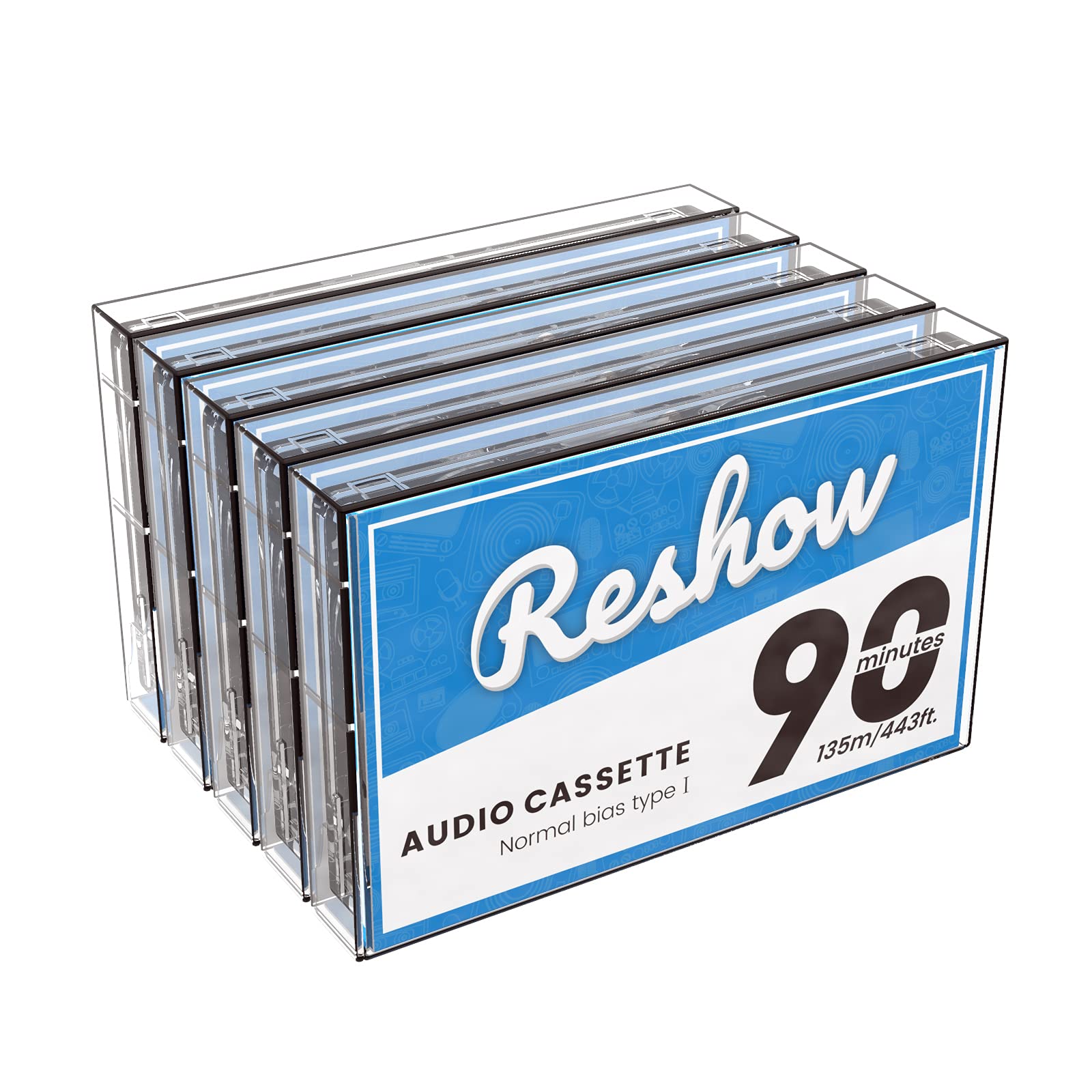 Reshow Audio cassettes Low Noise High Output 90 min Time Blank cassettes Tapes with Individual clear Plastic cassette Tape case,