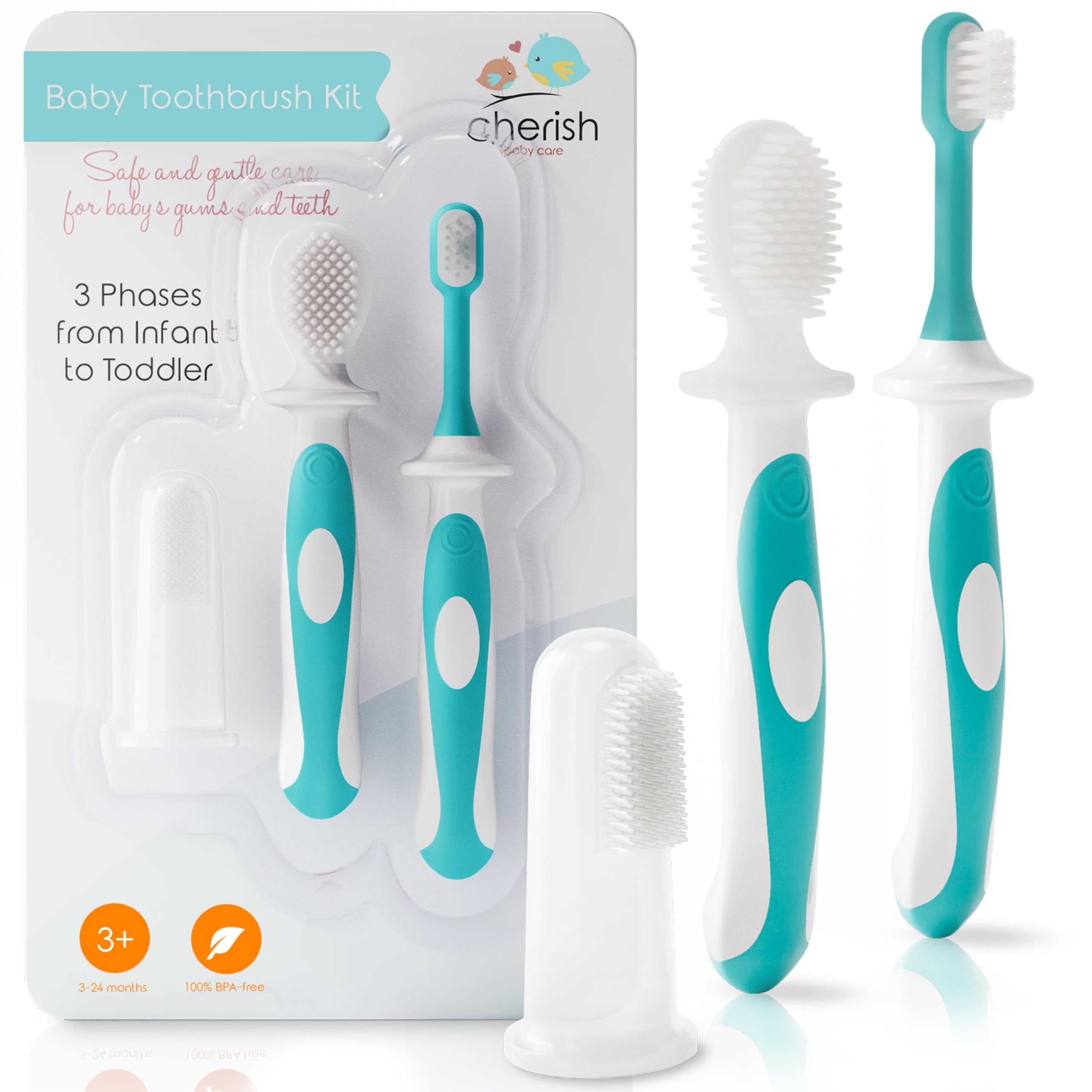 Cherish Baby Care Baby Toothbrush Set (3-24 Months) - BPA-Free Baby Finger Toothbrush, Training Toothbrush & Toddler Toothbrush - Designed in cana