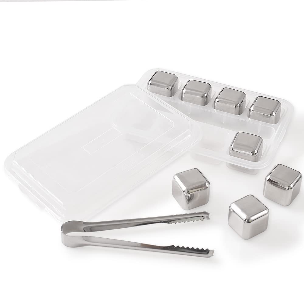 Newk Stainless Steel Reusable Ice cubes Stones, 8PcS Ice cubes Set with Head Tongs and Ice cube Trays(Set of 8)