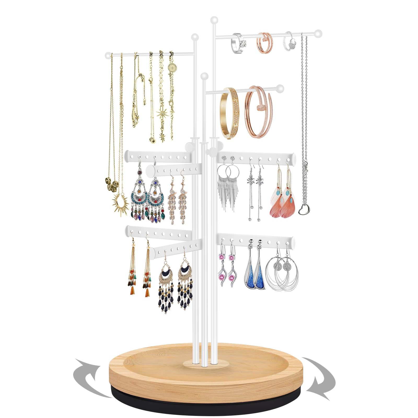penobon Jewelry Holder Organizer with Wood Base, Adjustable Height Jewelry Display Holder Stand, Metal Rotating Earring Holder O