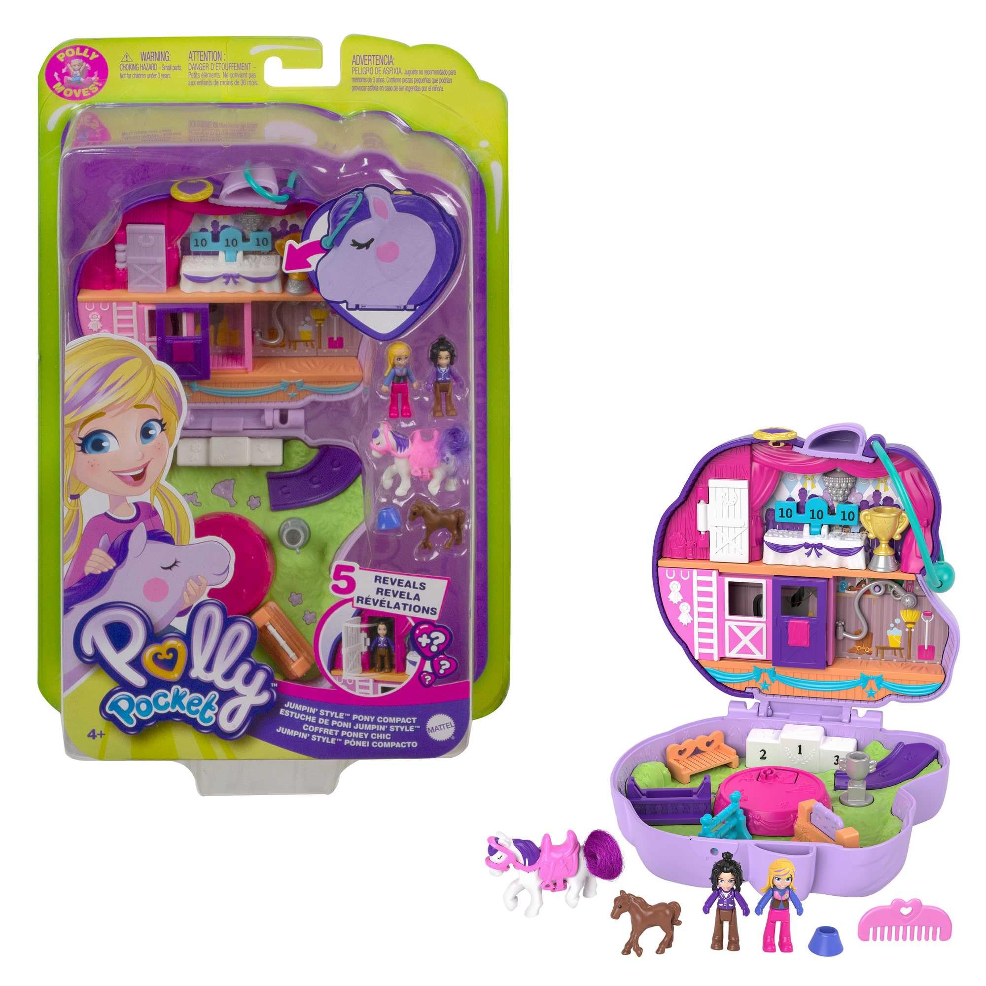 Polly Pocket compact Playset, Jumpin Style Pony with 2 Micro Dolls & Accessories, Travel Toys with Surprise Reveals