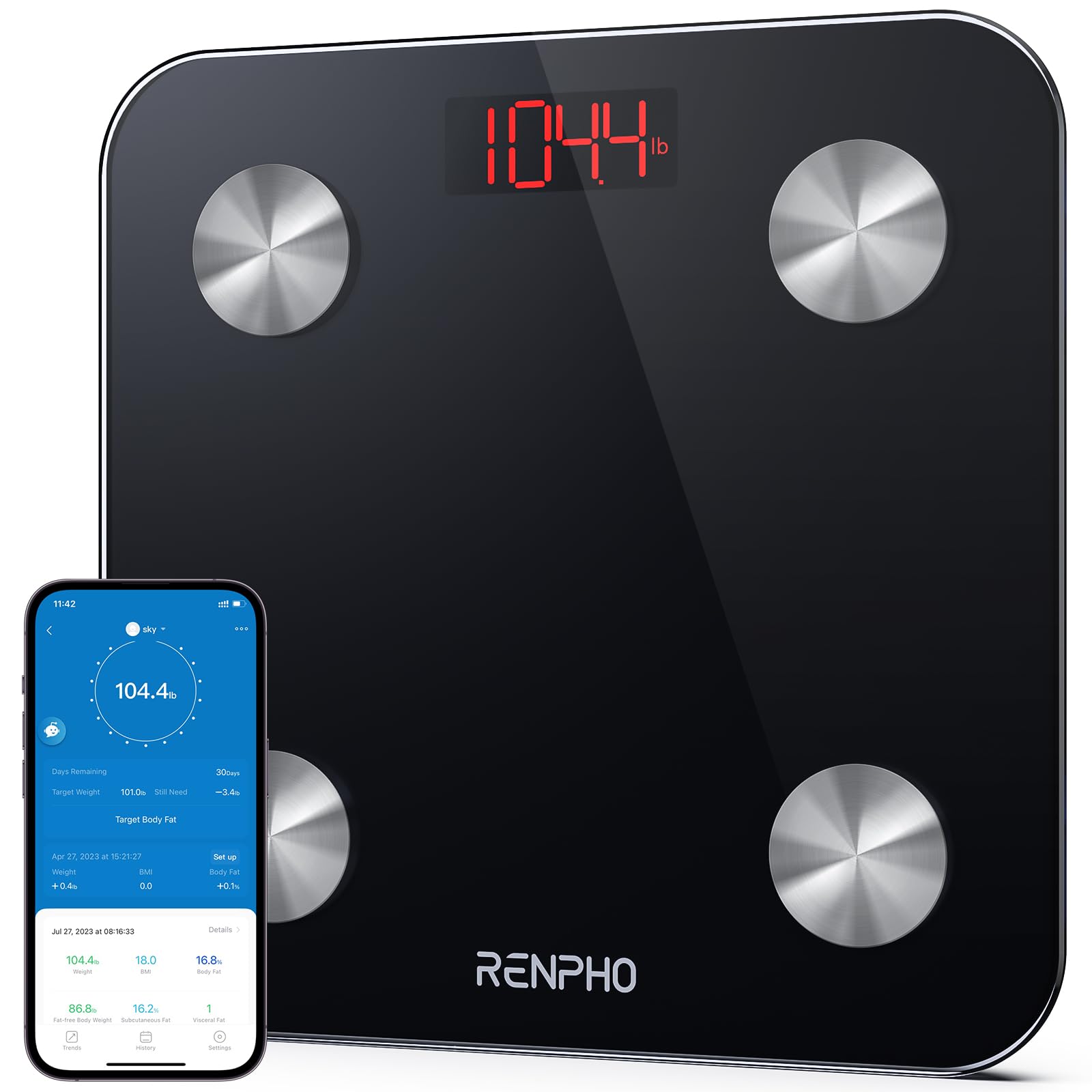 RENPHO Scale for Body Weight, Digital Weighing Elis Scales with Body Fat and Water Weight, Smart Bluetooth Body Fat Measurement 