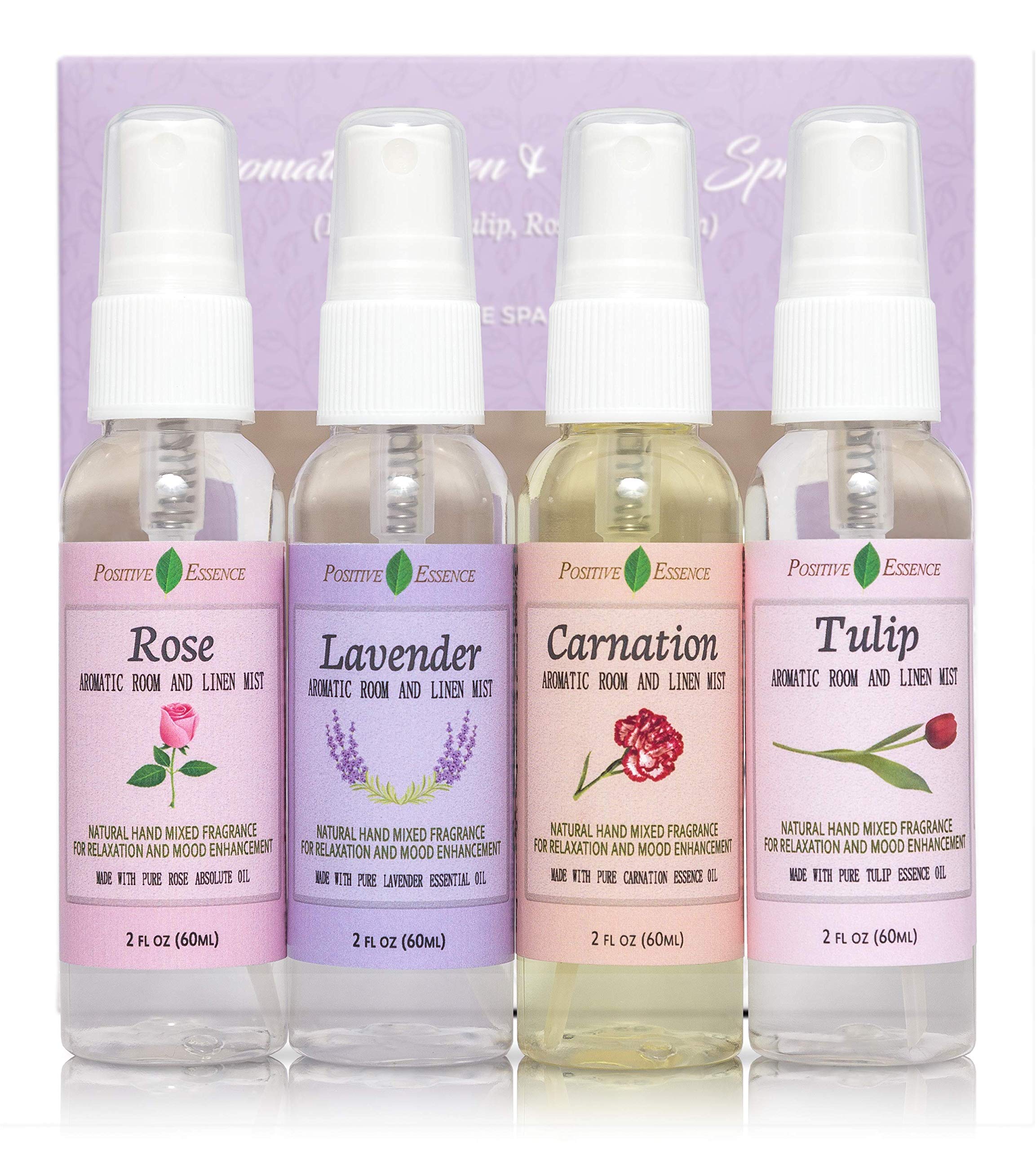 Positive Essence Linen and Room Spray Floral gift Set, 4-Pack 60 mL (Lavender, carnation, Rose, & Tulip) Natural Pillow Sprays Made with Pure Ess
